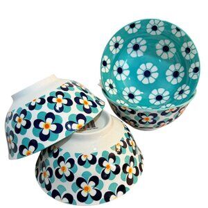 Retro Style Kitchen Bowls Set of 4 Flower Power All Purpose Blue Aqua Soup Salad